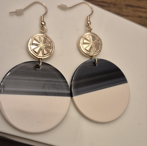 Black and White Round Earrings with Gold Accents - Picture 2 of 3